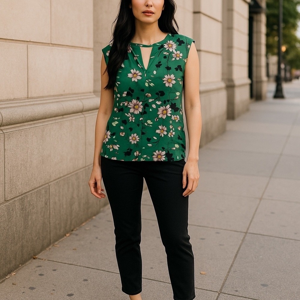 Cabi  V-Neck Green Floral Shadow Blouse with Black‎ Tank Top M-Cottagecore